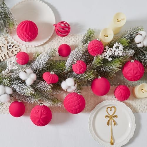 30pcs Velvet Christmas Ball Ornaments, Flocked Shatterproof Christmas Ornaments Hanging Xmas Tree Decorations Set for Home Party Holiday Decor (Multi-Size, Fuchsia Pink) - Image 3