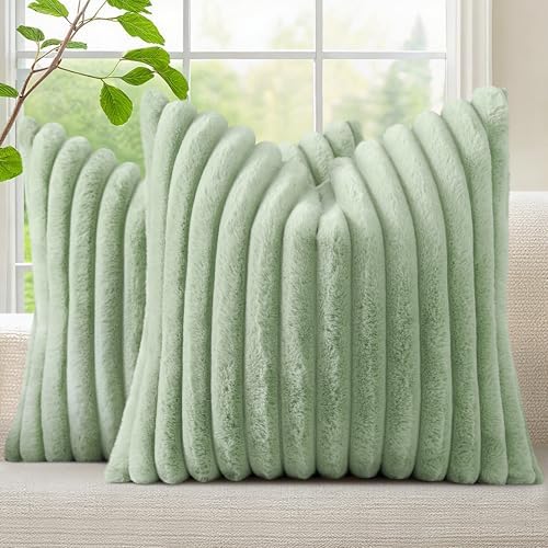 decorUhome Fall Faux Fur Throw Pillow Covers 26x26 Set of 2 Sage Green by decorUhome