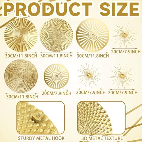 Gold 8 Pcs Wall Decor Round Modern Metal Plate Art - Image 3