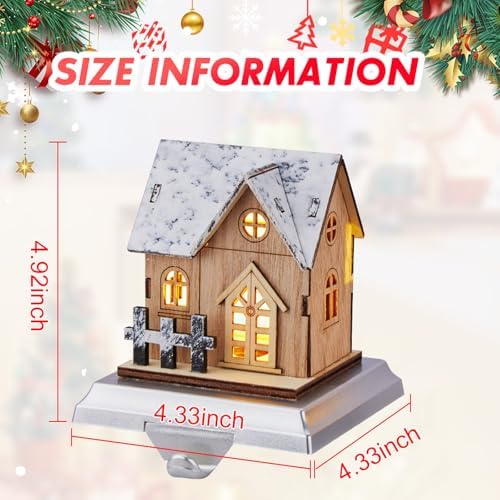 Christmas Stocking Holders for Mantle, 4 Pack 3D Wood House Stocking Hangers with Lights, Weighted Christmas Different Room Stocking Hooks for Fireplace Counter Window Decoration - Image 2