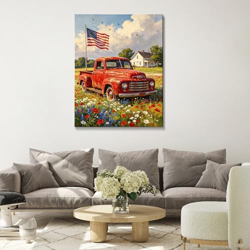 July 4th Patriotic Canvas Wall Art 4th of July USA Decorations American Flag and Old Red Truck Picture Wall Decor Independence Day Home Decor 24x32in - Image 2