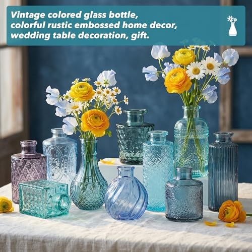 Colored Glass Vases Bulk 32 Pcs - Assorted Vintage Bud Vases for Wedding Centerpieces, Rustic Embossed Glass Bottles for Table Decor, Home Floral Arrangements with Blue Series (2-6 Inch) - Image 5