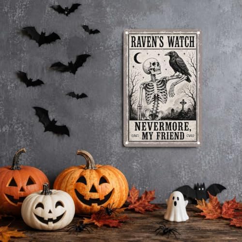 Vintage Metal Tin Sign Halloween Skeleton Raven Graveyard Gothic Wall Art for Home Bar 6×8 Inches with Metal Frame - Image 2