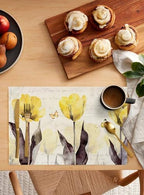 Yellow Tulip Placemats Set of 4, Rustic Floral Brown Leaves Butterfly Vintage Beige Placemats for Dining Table Place Mats for Kitchen Table Waterproof Table Mats, Wipeable Dining Table Set - Image 2