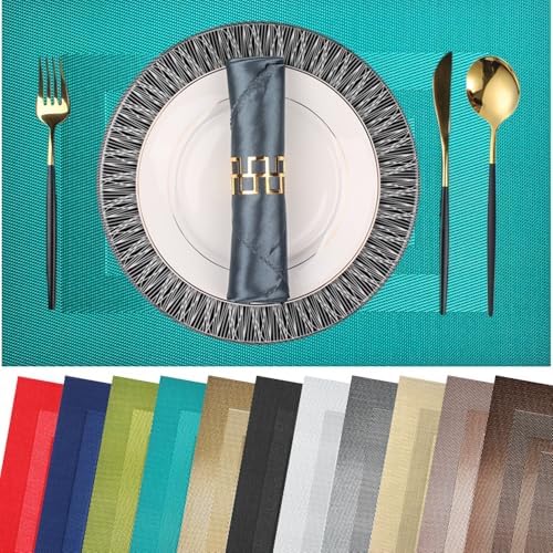 PIGCHCY Placemats Set of 12 Washable Durable Place Mats Vinyl Heat Resistant Non-Slip Table Mats Indoor Outdoor (18 x 12 inches, Turquoise Blue) by PIGCHCY