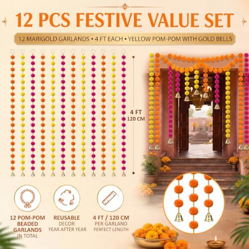 Suncalla 12 Pcs 4 Ft Marigold Garland Gold Bell,Orange,Yellow,Rose Pink - Image 2
