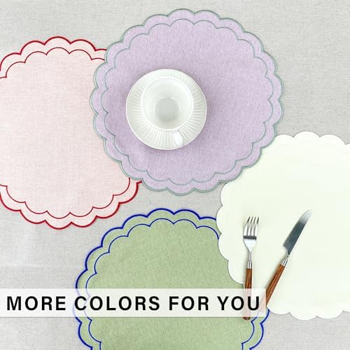 Linen Cotton Placemats Set of 4 Scalloped Flower Embroidery Place Mats 15'' Natural Linen Texture Fabric Machine Washable Table Mats for Restaurant Kitchen,Table Decor(Butter Yellow) - Image 5