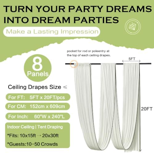 8 Panels 5ft(W) x 20ft(H) Ivory Ceiling Drapes for Wedding Parties - Image 6