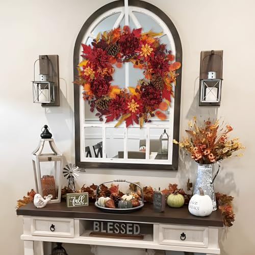 24" Artificial Fall Floral Wreath for Front Door Autumn Wreath with Peony Dahlia Pine Cones for Halloween Thanksgiving Farmhouse Window Wall Décor - Image 5
