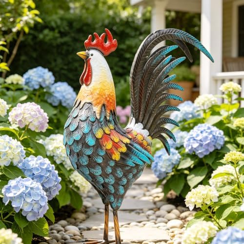 32" Majestic Metal Rooster Yard Decor, Large Outdoor Garden Statue - Image 4