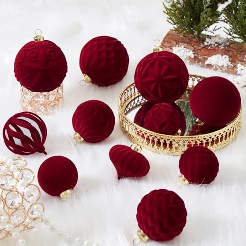 30pcs Velvet Christmas Ball Ornaments, Flocked Shatterproof Christmas Ornaments Hanging Xmas Tree Decorations Set for Home Party Holiday Decor (Multi-Size, Burgundy) - Image 5