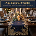 DECOZEN Gold Lace Blue Christmas Table Runner – Luxury Embroidered Dining & Dresser Decor Scarf for Holiday Tables, Weddings & Parties – 14 x 108 in Elegant European Tarantino Collection Gift Idea - Image 3
