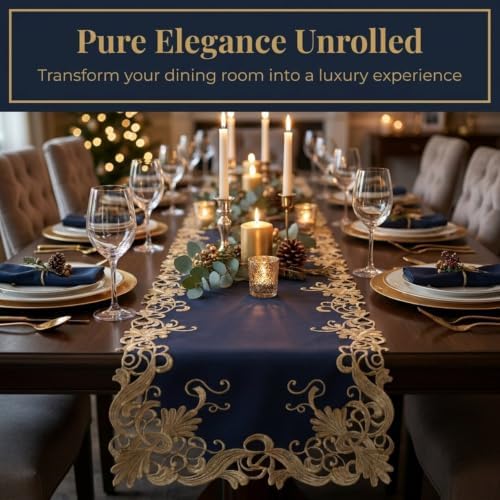 DECOZEN Gold Lace Blue Christmas Table Runner – Luxury Embroidered Dining & Dresser Decor Scarf for Holiday Tables, Weddings & Parties – 14 x 108 in Elegant European Tarantino Collection Gift Idea - Image 3