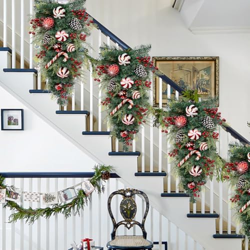 30" Christmas Teardrop Swag for Front Door Artificial Winter Swag Garland with Pine Cones, Berry Clusters, Red Ball Ornaments and Ribbons for Thanksgiving Holiday Christmas Decoration - Image 5