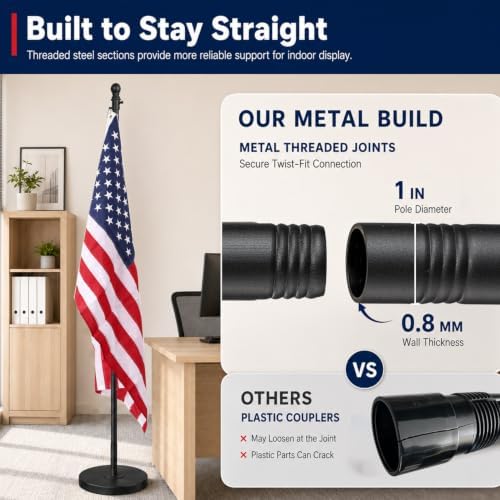 Flag Stand Indoor - 1" Heavy Duty Metal Flag Pole Set with Base,6-8ft Adjustable,Portable & Free Standing for Office,Conference Room,Classroom,Entryway,Outdoor Porch Deck (Black) - Image 2