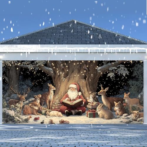 Santa Reading with Woodland Animals Garage Door Banner 6x13FT, Cozy Forest Winter Backdrop, Outdoor Holiday Banner, Garage door Mural for Xmas Party Home Decor - Image 2