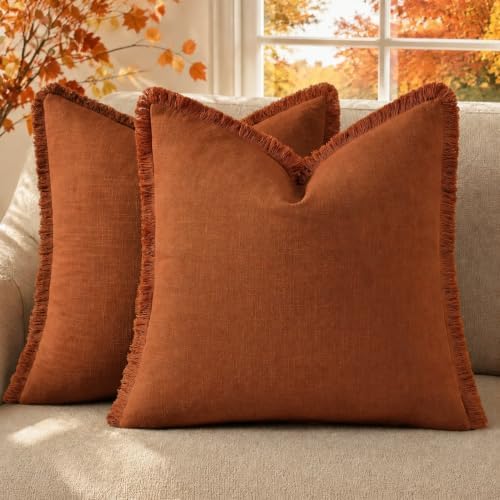 decorUhome Linen Fringe Light Rust Throw Pillow Covers 22x22 Set of 2 by decorUhome