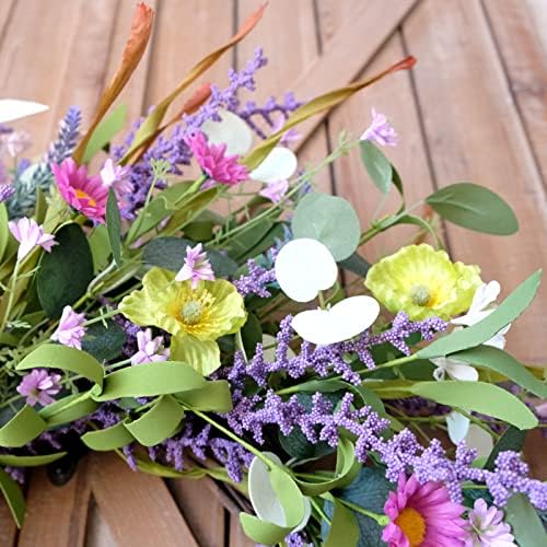 Idyllic 20 Inch Spring Summer Wild Flower Artificial Daisy Front Door Wreath, Everyday Greenery Eucalyptus Leaves for Indoor and Outdoor Use, Rustic Farmhouse Style Home Wreath Decor - Image 6