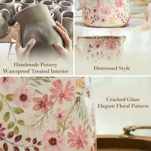 Retro Rustic Large Ceramic Vase with Handle, Distressed Farmhouse Pitcher for Home, Ideal Shelf Decor, Colorful Daisy Floral Vase for Living Room Bedroom Office Table Centerpiece Decorations 9 Inch - Image 3