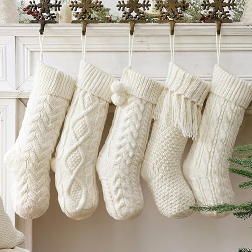 Farmhouse Knitted Personalized Christmas Stockings: 5 Pack 18 Inch Rustic Cable Knit Fireplace Cozy Hanging Xmas Stockings Boho Style Stocking Decorations for Family Holiday Décor, White Beige - Image 3