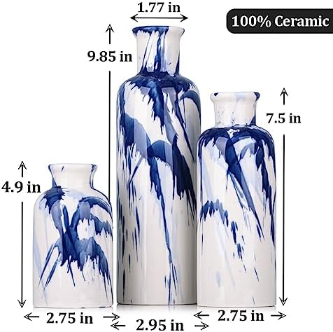Blue Ceramic Vase Set - 3 Decorative Navy Blue and White Vase for Centerpieces, Farmhouse and Home Decor - Ideal for Living Room, Kitchen, Bedroom, Dining Table and Office Decor - Image 2