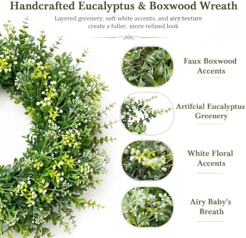 26 Inch Large Artificial Boxwood Wreaths for Front Door All Season, Eucalyptus Wreath with 2 Sashes, Baby's Breath and Flower Buds, Summer Farmhouse Greenery Decor for Outdoor, Porch, Home - Image 2