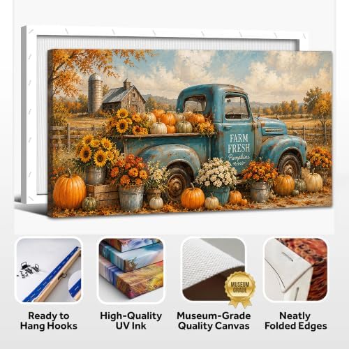 WAXWHELK Truck Fall Canvas Wall Art, Rustic Farmhouse Vintage Blue Truck Pumpkins and Sunflowers Painting Pictures, Autumn Thanksgiving Artwork for Living Room Kitchen Home Decor (12"x24") - Image 6