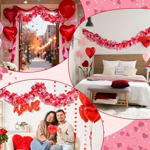 70 Valentines Garland Valentine's Day Decorations Fabric Heart Garland Red Pink Valentines Banner for Mantle Table Centerpieces Fireplace Wall Anniversary Home Indoor Outdoor - Image 3