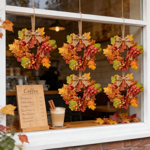 8 Pcs Small Fall Hanging Wreaths with Artificial Autumn Maple Oak Leaves Red Orange Berry Clusters Mini Cabinet Wreath for Home Table Centerpieces Kitchen Farmhouse Thanksgiving Party Decor - Image 5
