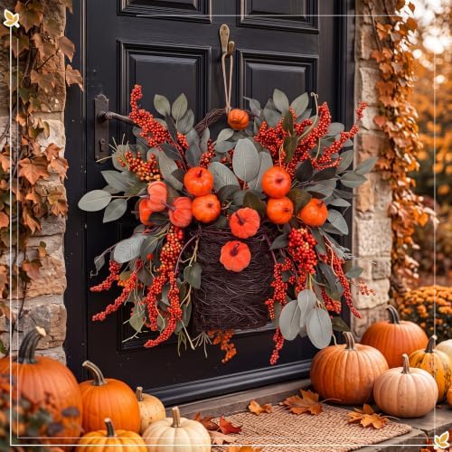 Norme Fall Basket Wreath for Front Door 19 in Autumn Pumpkin Harvest Wreath - Image 6