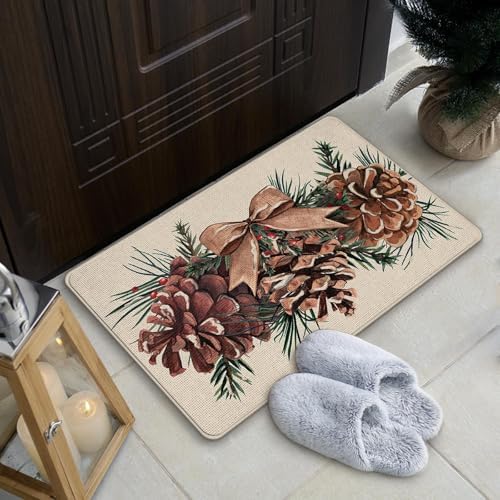 Winter Pine Cone Decorative Front Door Mat, Bow Pine Needle Red - Image 6