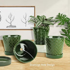 EFISPSS Ceramic Plant Pots, 5 Inch Planters with Drainage Holes and Ceramic Tray, Relief Design Flower Planter, Desktop Office Windowsill Decoration Gift Set of 4 - Blackish Green - Image 3