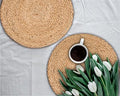 Natural Jute Placemat Set of 4 - Round 13 Inch Decorative Reversible Braided Hand Woven Charger for Dinner Table Décor Farmhouse Christmas Wedding Family Gathering Party and Everyday Use by HomebiaDesigns