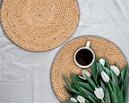 Natural Jute Placemat Set of 4 - Round 13 Inch Decorative Reversible Braided Hand Woven Charger for Dinner Table Décor Farmhouse Christmas Wedding Family Gathering Party and Everyday Use by HomebiaDesigns