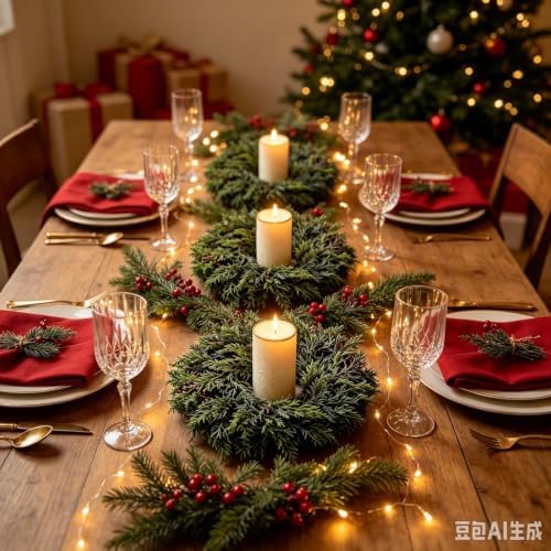 6 Pcs Mini Christmas Candle Ring Wreaths Artificial Pillar Candle Holder Wreath Frosted Cypress Foliage Greenery Wreath for Rustic Farmhouse Xmas Winter Holiday Table Wall Window Decor - Image 6