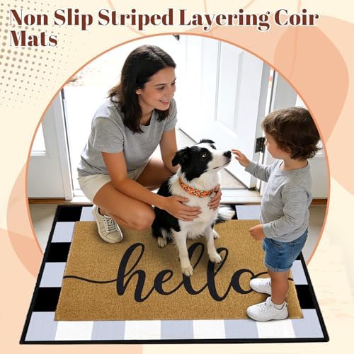 2pcs Layered Doormat Set, Welcome Door Mat for Outdoor Front Door, 16x24 PVC Coil & 24x32 Crystal Velvet Non-Slip Layering Entry Mats for Farmhouse Porch Decoration（Hello, Buffalo Plaid） - Image 4