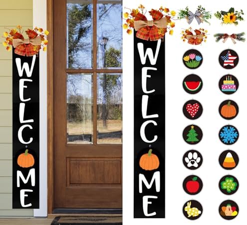 Whaline Seasonal Interchangeable Welcome Sign for Front Porch Standing 47 x 7.9 Inch Wood Door Signs with 14 Signs & 4 Pcs Wreaths for Seasonal Farmhouse Home Party by Whaline