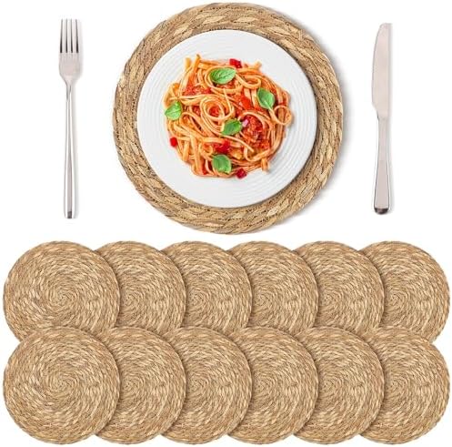 Kochorie Set of 12 Round Woven Placemats 12 Inches Bulrush Placemats Natural Hand-Woven Boho Rattan Placemats Wicker Table Mats Farmhouse Weave Place Mats for Home Dining Table by Kochorie