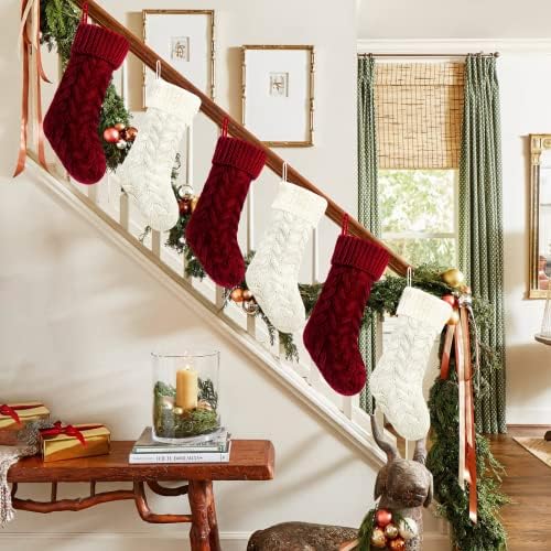 Christmas Stockings Bulk, 20 Inch Burgundy and Ivory Knit Stockings Christmas Holiday Decoration, 6 Pack - Image 3
