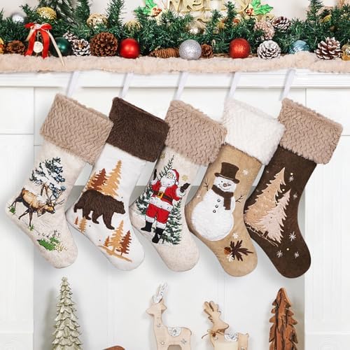 LUBOT 5 Pack Christmas Stockings 20" Set of 5 3D Towel Embroidery Sequin Mix Large Family Xmas Stocking Set Gifts Rustic Farmhouse Stocking Fireplace Hanging Holiday Decor by LUBOT
