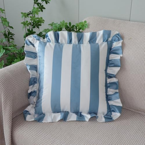 vctops Ruffle Square Throw Pillow Covers Boho Pink and Red Striped Decorative Pillowcases Set of 2, Soft Velvet Accent Cushion Cover Cases for Sofa Bed Living Room Decor (Blue White,18"x18") - Image 3