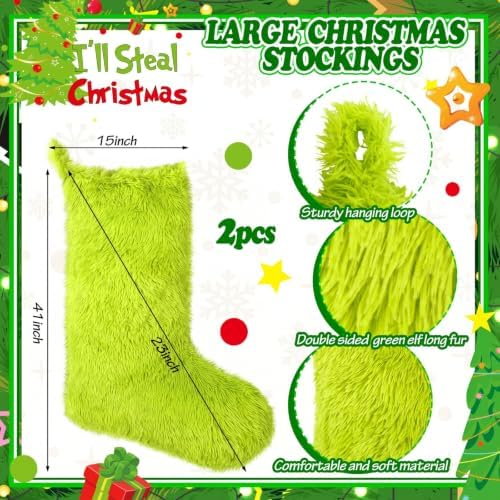 Fourluoo 2 Pcs 41 Inch Jumbo Christmas Stocking Personalized Green Christmas Stockings Large Hanging Faux Fur Treat Bag Candy Pouch Xmas Giant Gift Holder for Xmas Tree Decor - Image 2