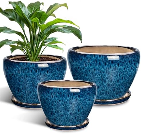 Ceramic Plant Pots Indoor, 10 Inch 8 Inch 6 Inch Round Planters Pots for Indoor Outdoor Plants, Modern Large Flower Pots with Drainage Holes and Saucers, Set of 3, Blue by EPFamily