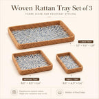 Handwoven Rattan Tray Set of 3 with Mother of Pearl Blue Floral Inlay - Image 2