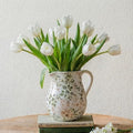 Ceramic Green and White Floral Vase with Handle, Rustic Farmhouse Pitcher Flower Vase, Chinoiserie Floral Vase for Home Decor, Living Room, Shelf, Office, Rustic Table Centerpiece 8 Inch by TEWEIQI