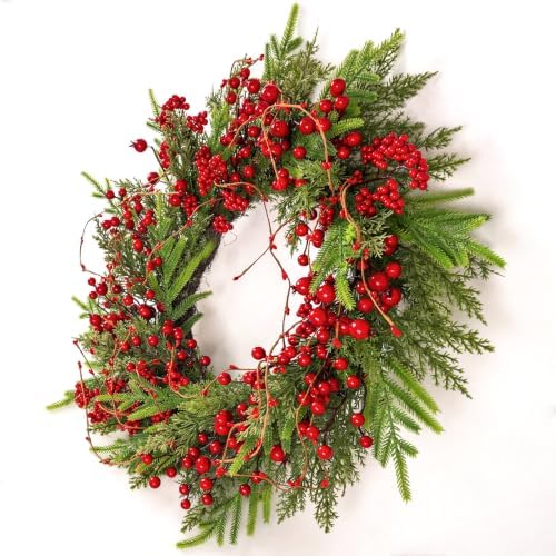 20" Christmas Door Wreaths for Front Door with Norfolk Pine Needle Red Berry for Window Porch Wall Indoors Outside Decoration - Image 2