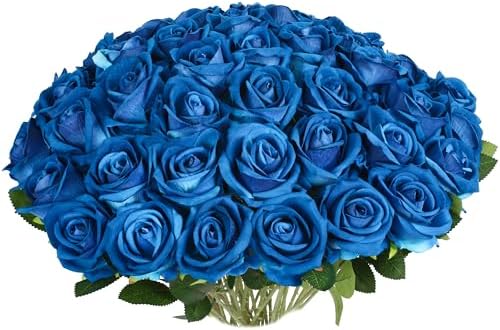 30 PCS Fake Blue Roses, Artificial Flowers Bulk, Realistic Silk Faux Roses by Jefuzh