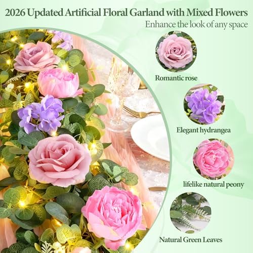 Livole 2Pcs 12 Ft Flower Garland with Light, Pink Peony Floral Garland - Image 6