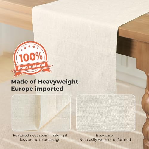 100% Pure Linen Extra Long Table Runner - 14 x 108 Inch Farmhouse Dining Table Runner, Perfect for Fall, Thanksgiving, and Christmas -Athena -Ivory - Image 2