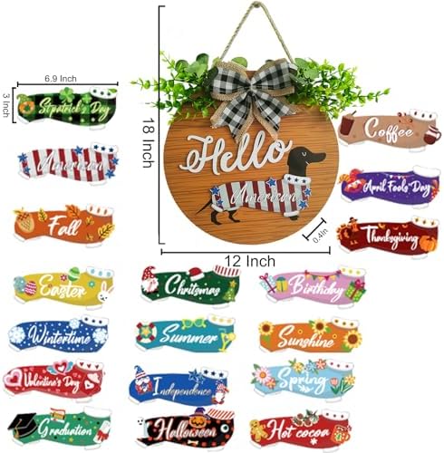 18 Pcs Interchangeable Seasonal Welcome Signs Front Door Decoration, Rustic Dachshund Seasonal Home Sign, Great Dog Gifts, Suitable for All Holidays Including Valentine's Day, Easter (Brown) - Image 2